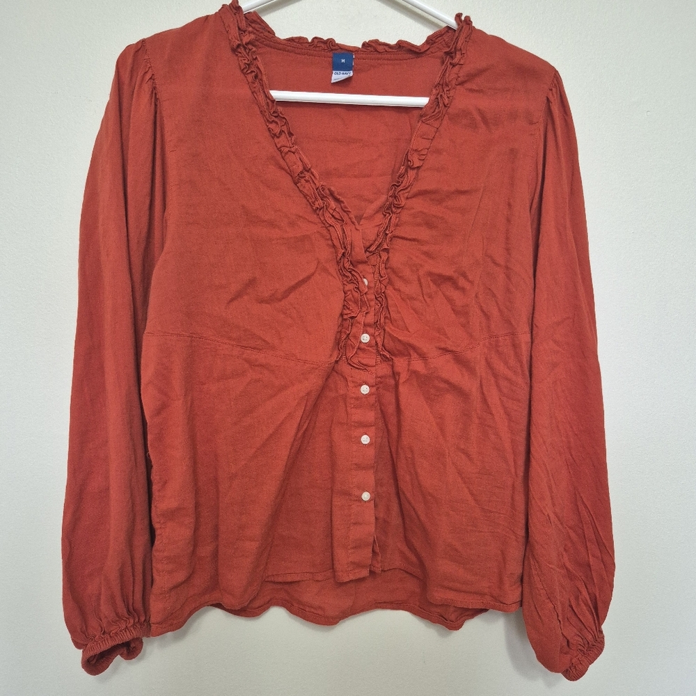 Old Navy Rust Ruffle V-Neck Balloon Sleeve Blouse – Size M - Picture 2 of 6